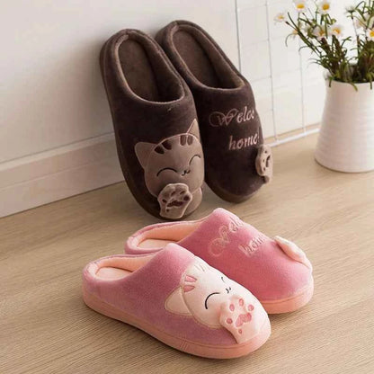 Women's Kawaii Cat Decor Slippers Comfortable Plush Lined Red
