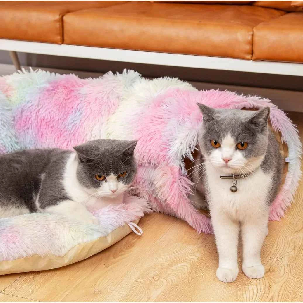 Plush Cat Tunnel Bed - 2-in-1 Interactive Cat Toy & Cozy Sleeping Bed with Removable Cover