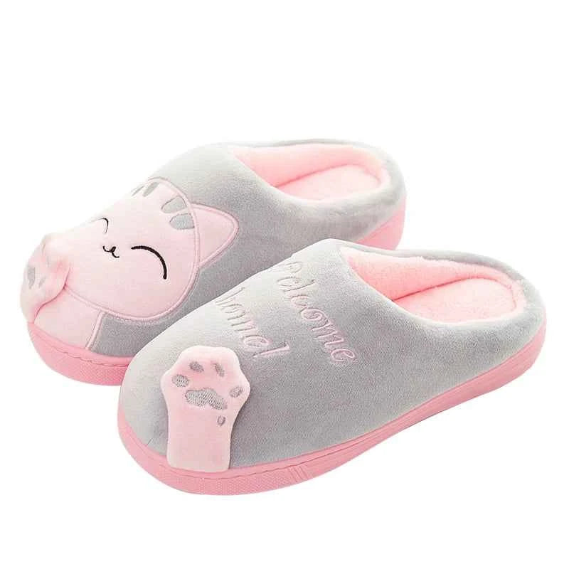 Women's Kawaii Cat Decor Slippers Comfortable Plush Lined Gray