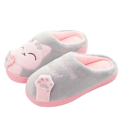 Women's Kawaii Cat Decor Slippers Comfortable Plush Lined Gray
