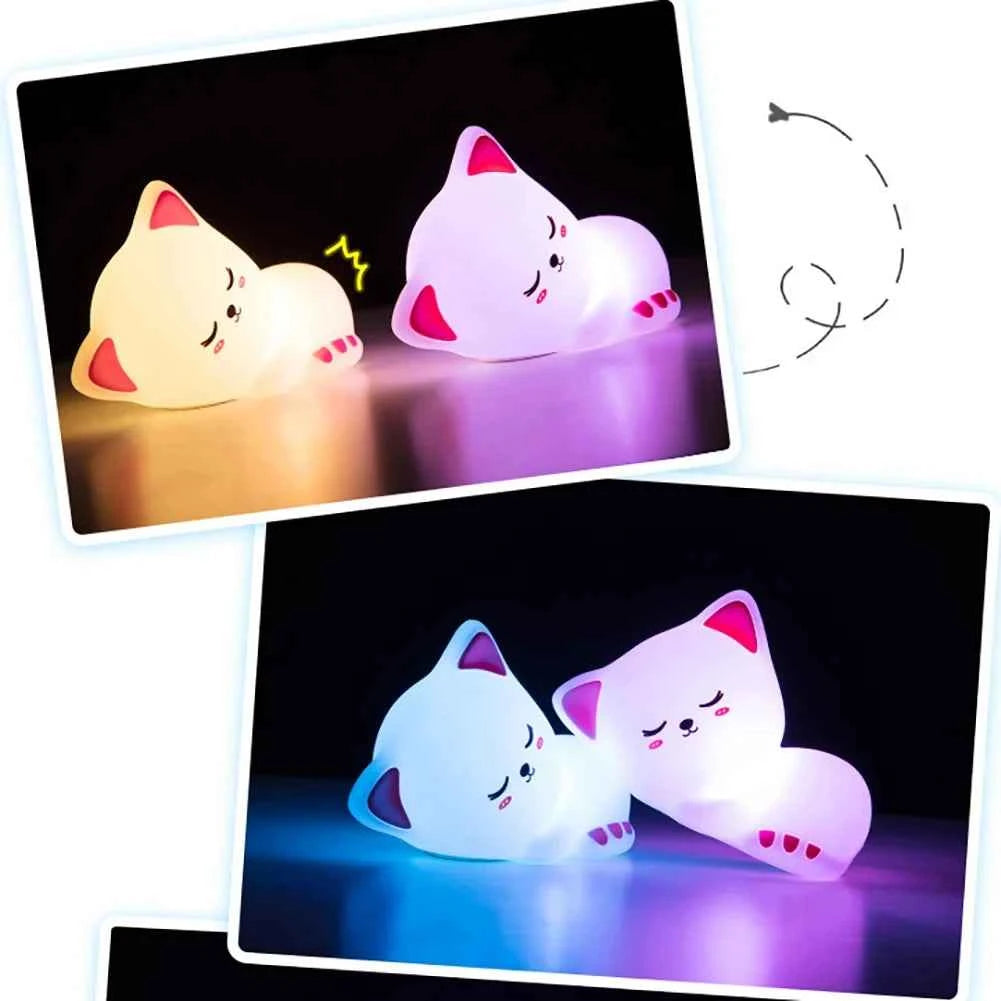Kawaii Cat Silicone Night Light 7 Colors & Timer (3.9 in) - Nursery Rechargeable Lamp