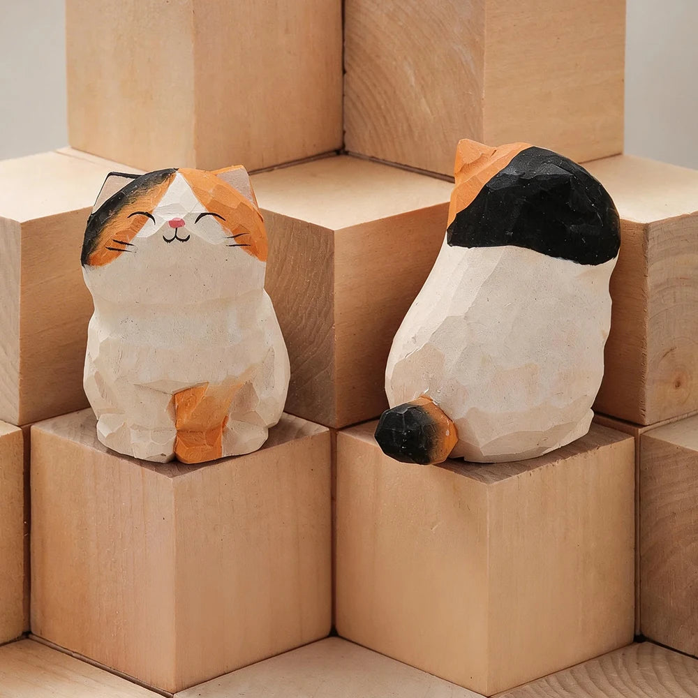 Handcrafted wood carving kitten statue Desk accessories Cat Cat-04