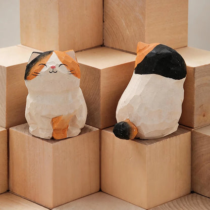 Handcrafted wood carving kitten statue Desk accessories Cat Cat-04