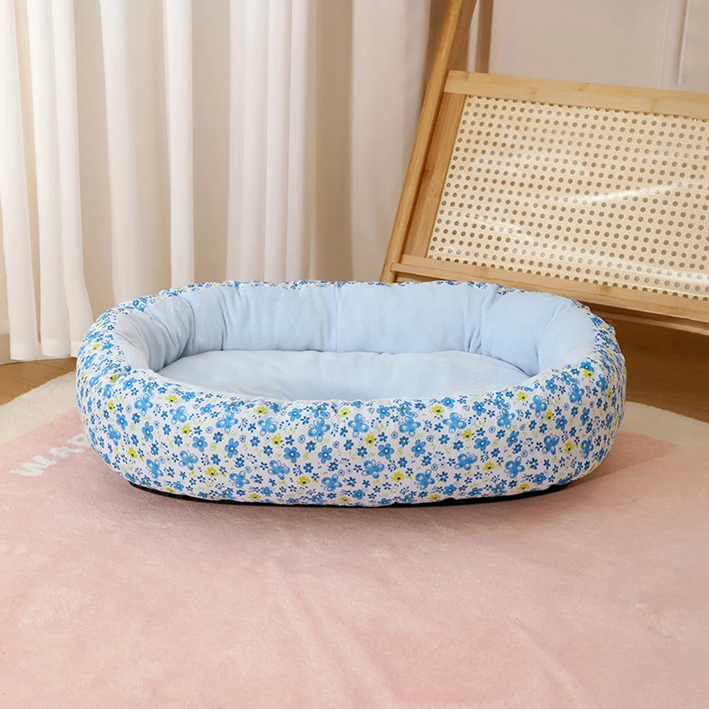 All Seasons Soft Flower Cute Small Cat Sofa Bed Comfortable Medium Dog Bed House Elastic Medium Cat Nest Kennel Accessories Blue