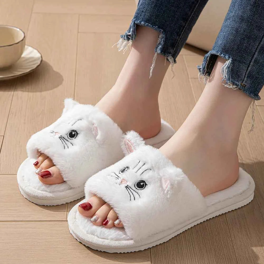 Casual Fluffy Slippers Women Home Flat Cat Cartoon Luxury White