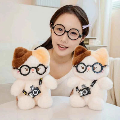 Kawaii Calico Cat Plush Doll with Glasses and Camera - Lifelike Weighted Tricolor Stuffed Animal Toy and Gift, 15cm and 20cm