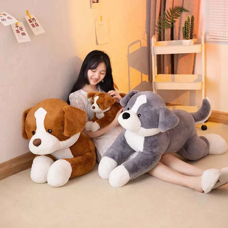Kawaii Border Dog Plush Pillow – Simulation Puppy Stuffed Animal Cushion in Grey & Brown (50–100cm)