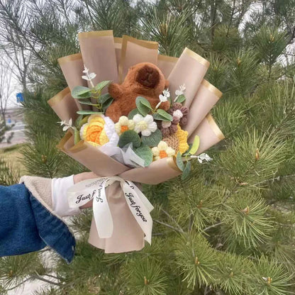 Kawaii Capybara Plush Bouquet (13.8 in) - Crochet Roses/Sunflowers Creative Gift