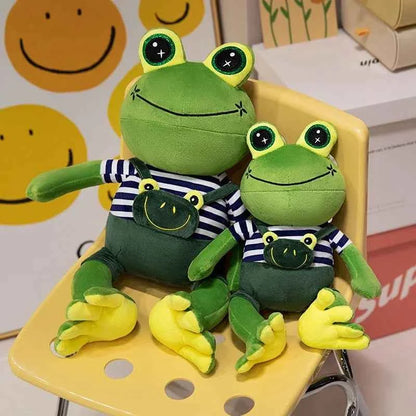 Kawaii Big Eye Frog Plush Toy – Soft Stuffed Cartoon Frog with Striped Overalls (30–50cm)