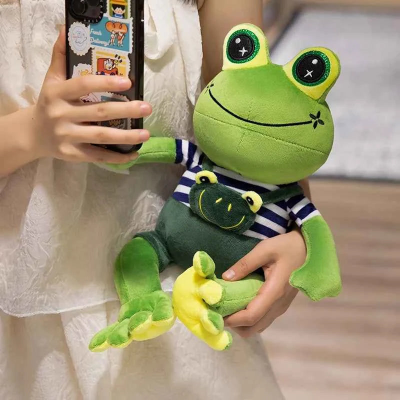 Kawaii Big Eyed Frog Plush Toy – Cute Green Frog with Striped Overalls Stuffed Animal (30–50cm)