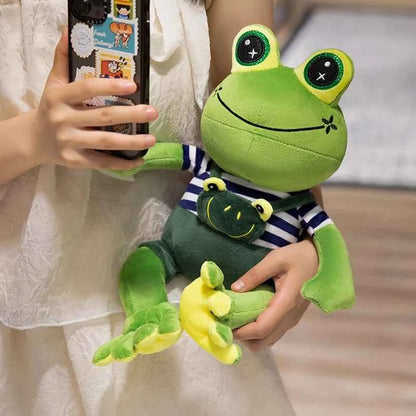 Kawaii Big Eyed Frog Plush Toy – Cute Green Frog with Striped Overalls Stuffed Animal (30–50cm)