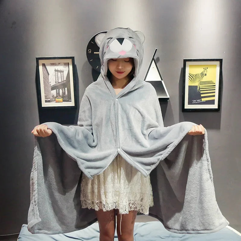 Cartoon Hooded Blanket Cape – Soft Flannel Wearable Shawl Blanket