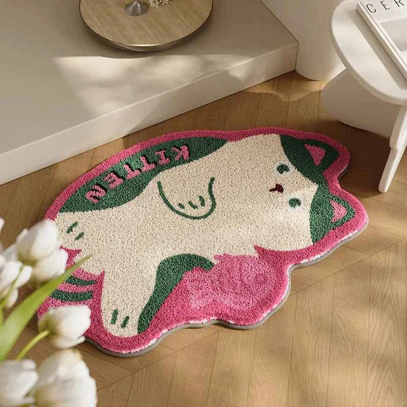 Cute Cat Design Floor Mat in Pink Green Water-Absorbent & FYR 1