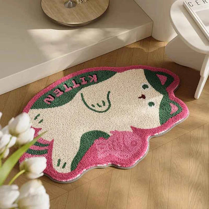 Cute Cat Design Floor Mat in Pink Green Water-Absorbent & FYR 1