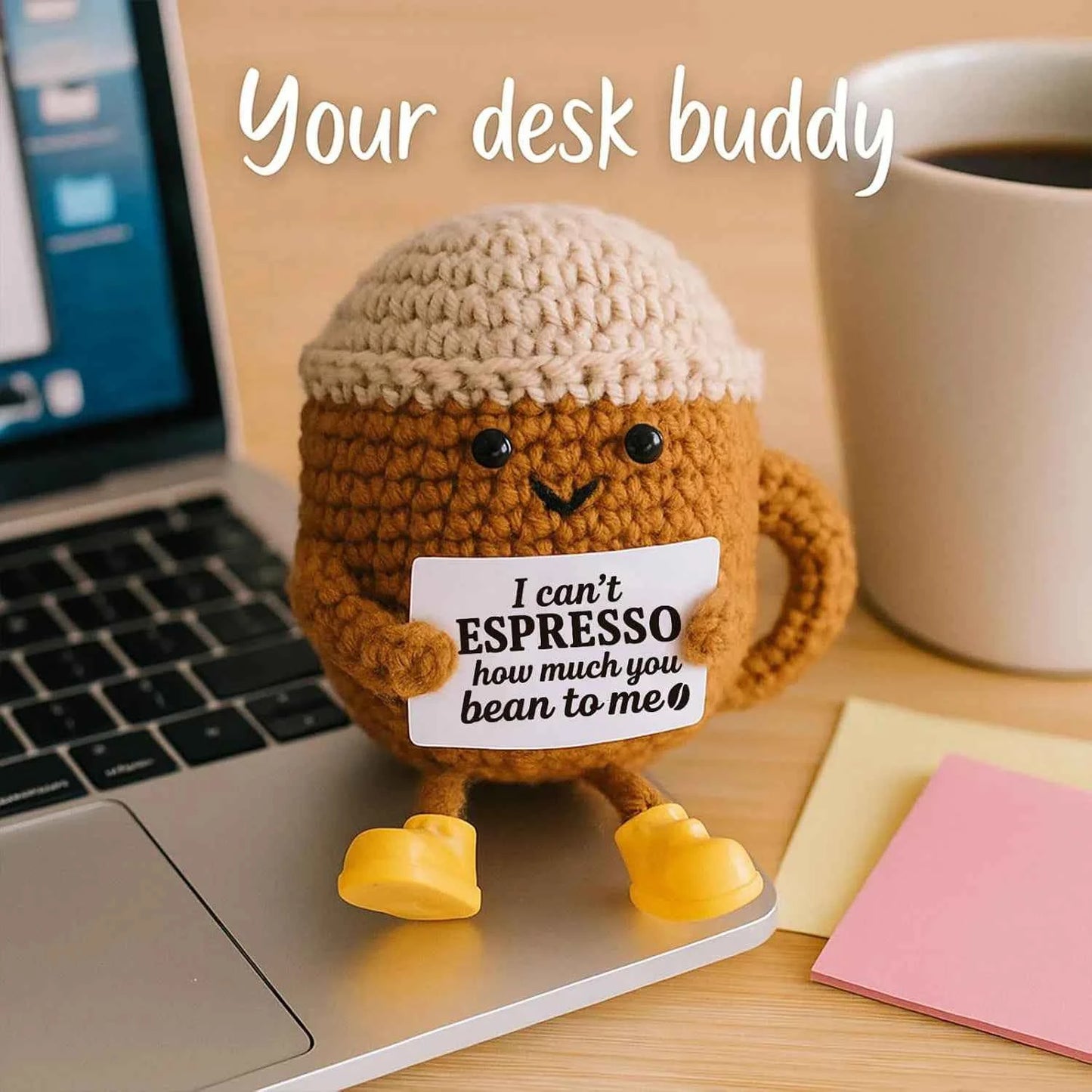 Funny Crochet Emotional Support Coffee Doll Card Desktop