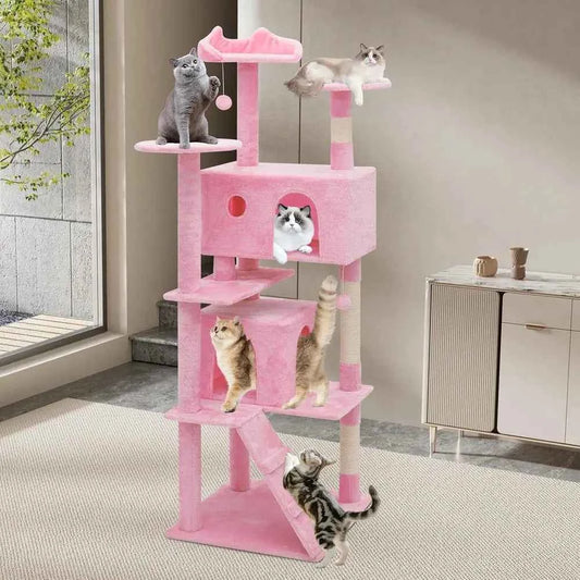 70" Tall Pink Cat Tree – Indoor Cat Tower with Scratching Posts & Climbing Platform