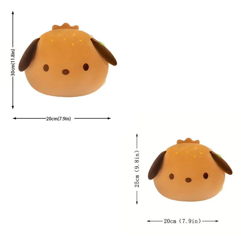Kawaii Burger Dog Plush Pillow - Soft Cheeseburger Shaped Stuffed Toy Cushion and Prank Gift, 25cm and 30cm