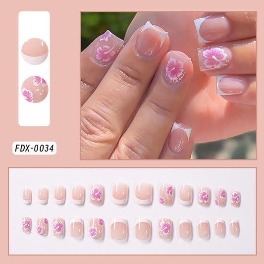 24pc Short Square French Press On Nails - White & Pink Flower Design