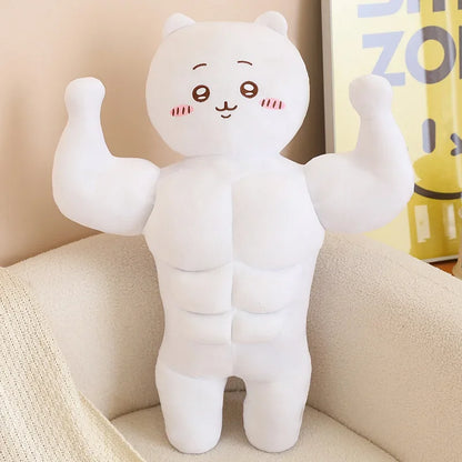 Kawaii Muscular Chiikawa Plush Pillow - Funny Buff Hachiware Usagi Stuffed Anime Doll and Fan Gift, 3 Characters and 2 Sizes White