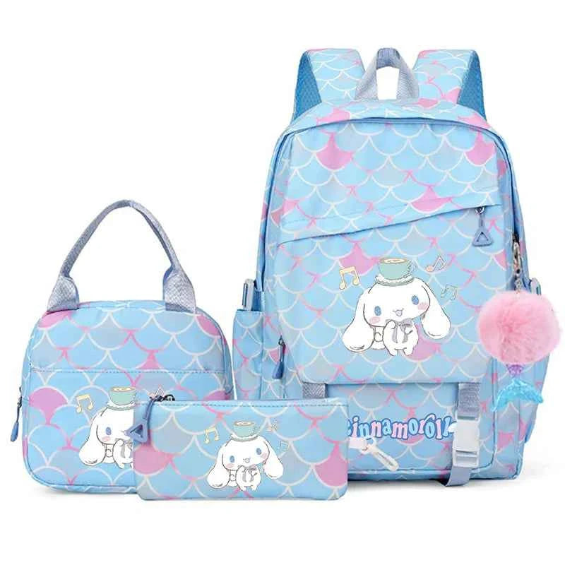 3PCS Cinnamoroll Fish Scale Backpack Set - Mermaid Pendant Lunch School Bag for Girls (17.7 in)