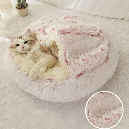 Soft Warm Long Plush Pet Bed Enclosed Round Cat Cushion Comfortable Sleep Bag Cat Nest Kennel for Small Pet Cat Nest pink long plush