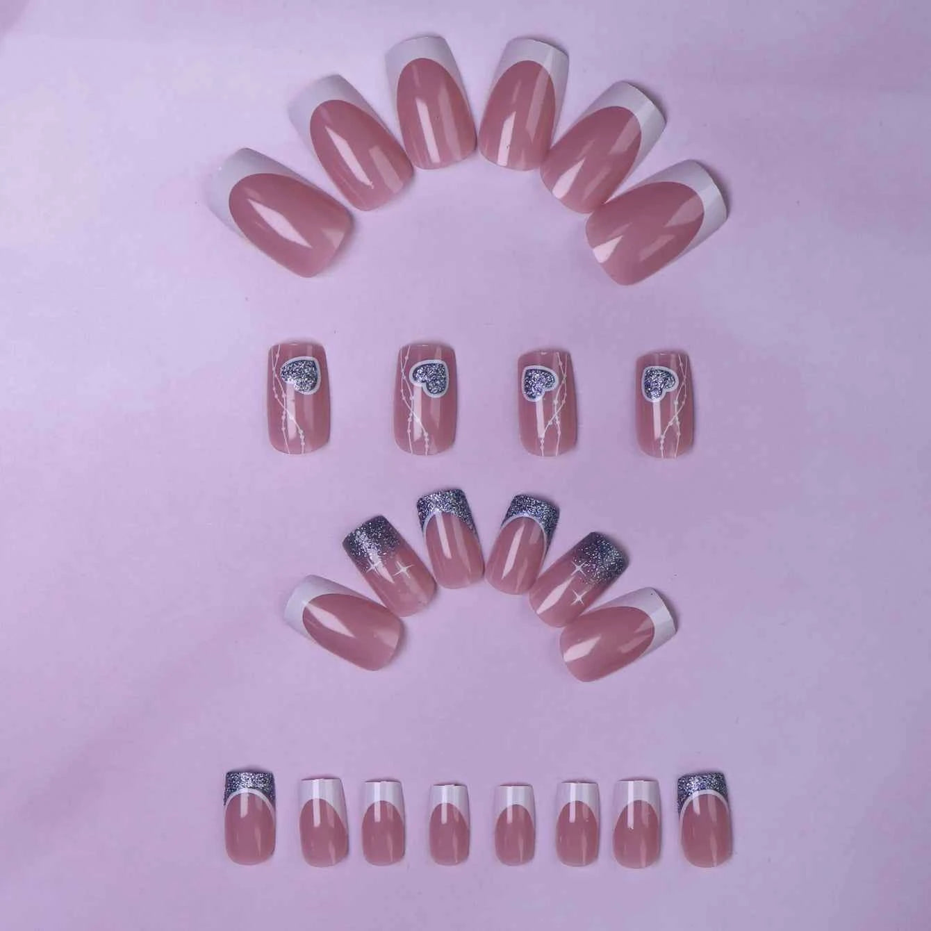 24pc Short French Pop Heart Press On Nails - Includes Jelly Gel & Nail File