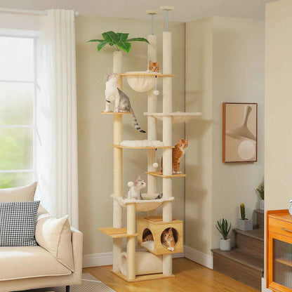 Height Adjustable Wooden Cat Tree Large Hammock Sisal Posts