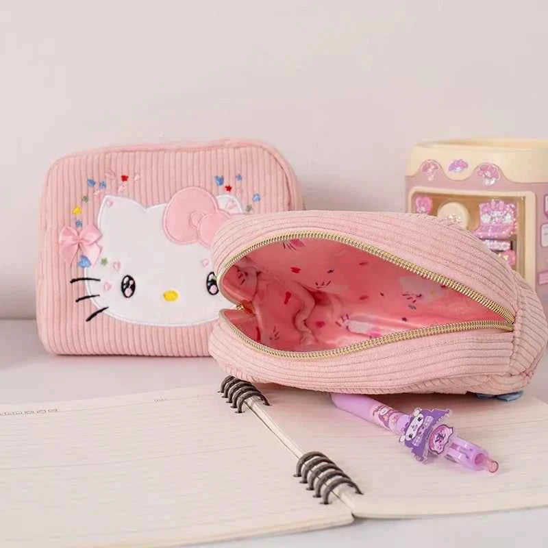 Lovely Hello Kitty Corduroy Cosmetic Bag - Pink Embroidery Cat Plush Purse (6.30 inches)