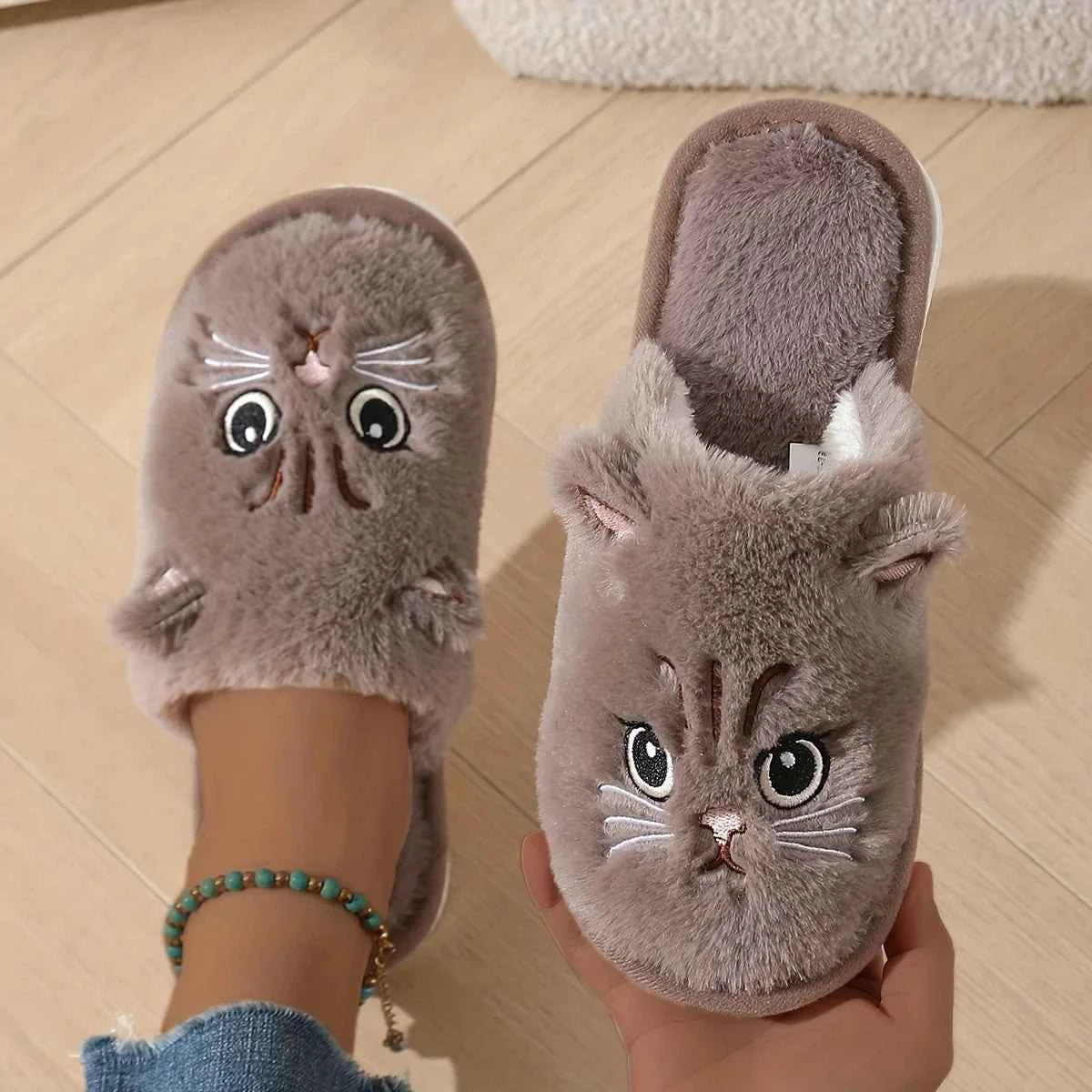 Kawaii Plush Cat Slippers - Women's Warm Winter Indoor Shoes with Soft Non-Slip EVA Sole