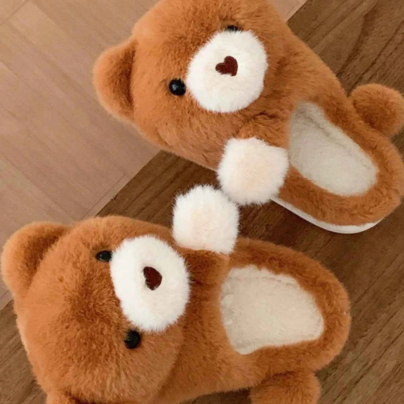 Kawaii 3D Hug Bear Fluffy House Slippers - Khaki Warm Winter Indoor Non-slip Shoes