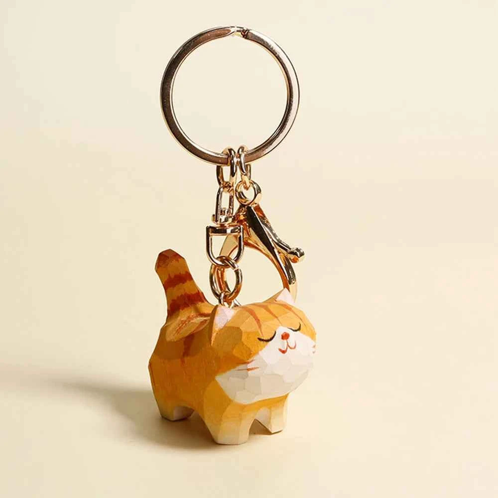 Wooden Cat Statue Handmade – Orange Cat Home Decoration & Gift Idea Keychain