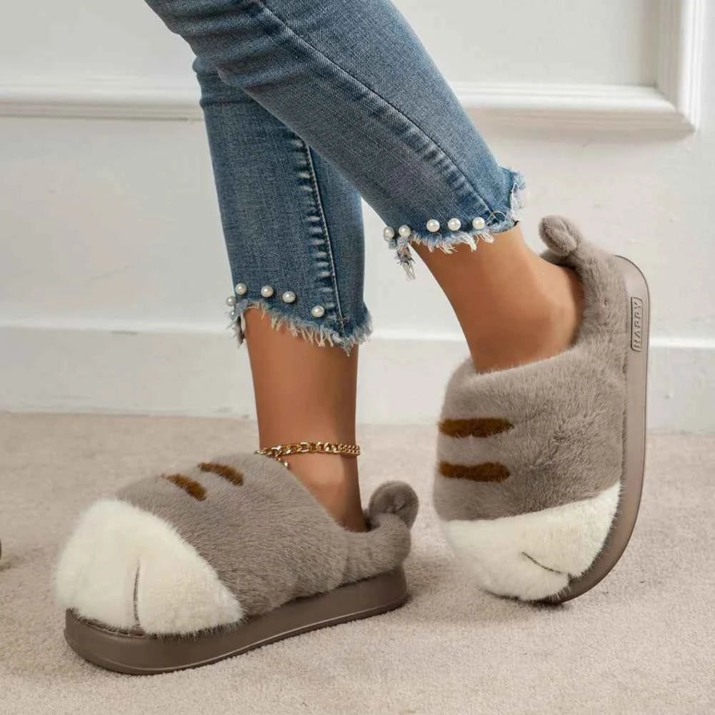 3D Cat Paw Plush Slippers Warm Slip-on House Shoes Furry