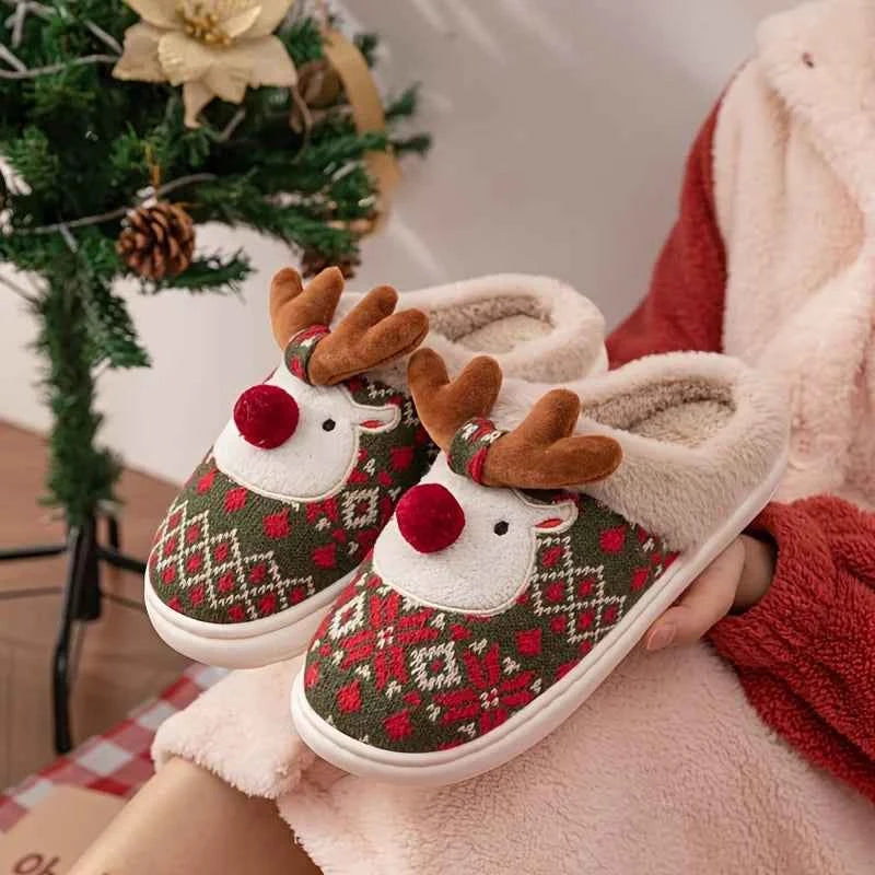 Cute Christmas Reindeer Slippers - Fleece-Lined Warm Indoor Fashion Slip-Ons