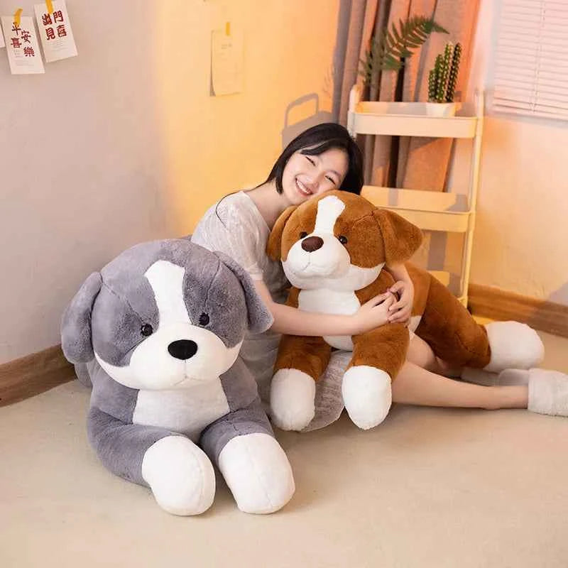 Kawaii Border Dog Plush Pillow – Simulation Puppy Stuffed Animal Cushion in Grey & Brown (50–100cm)