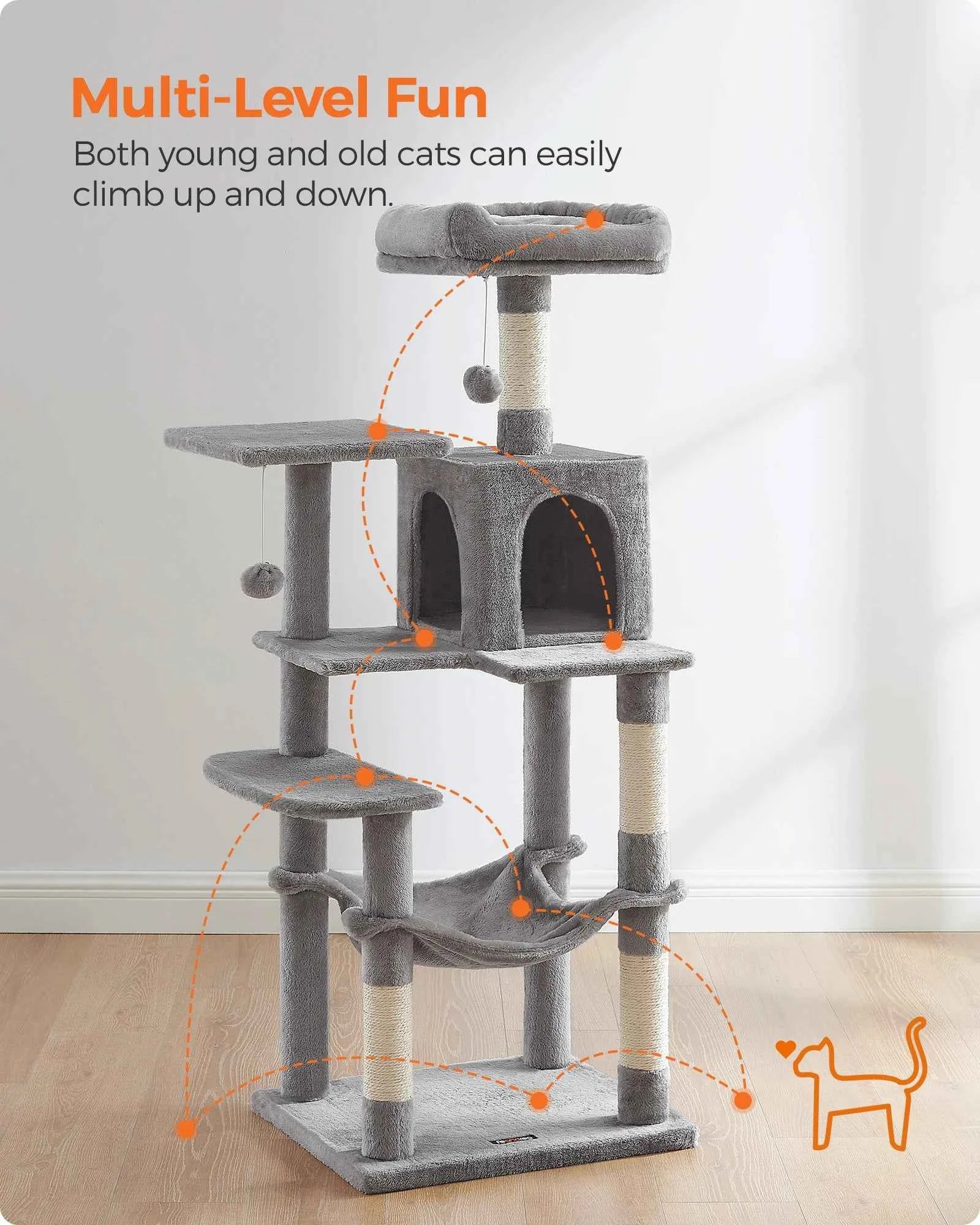 56.3" Multi-Cat Tree Tower: Hammock, Condo & Scratching Posts for Indoor Cats