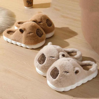 Kawaii Capybara Cotton Slippers - Women's Warm Fur Indoor Slides & Non-Slip Home Shoes