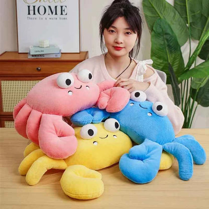 Kawaii Big Eyes Crab Plush Toy – Soft Stuffed Ocean Animal in Yellow, Pink & Blue (28–70cm)
