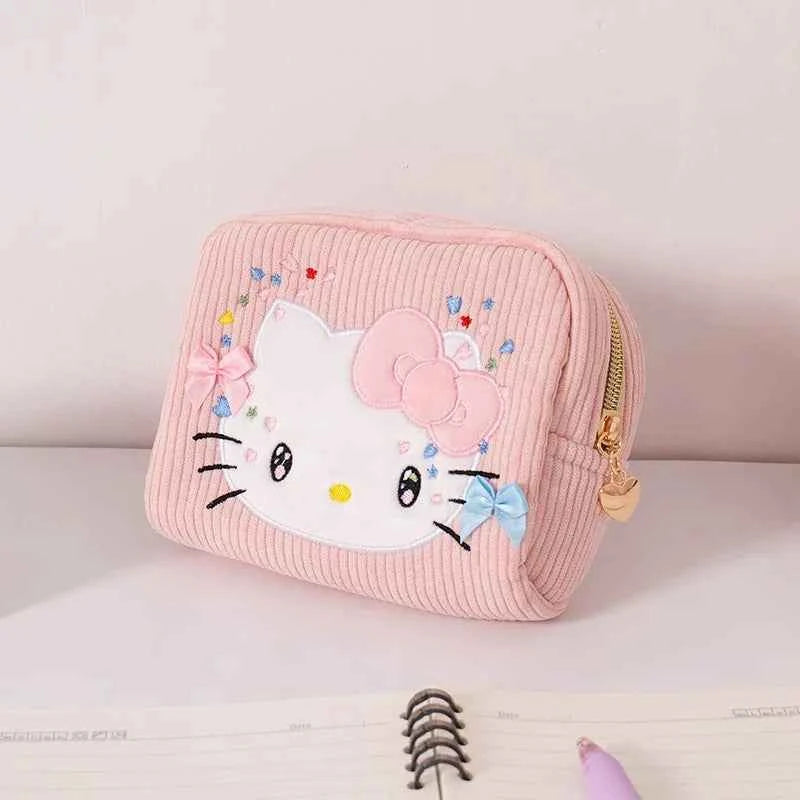 Lovely Hello Kitty Corduroy Cosmetic Bag - Pink Embroidery Cat Plush Purse (6.30 inches)