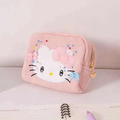 Lovely Hello Kitty Corduroy Cosmetic Bag - Pink Embroidery Cat Plush Purse (6.30 inches)