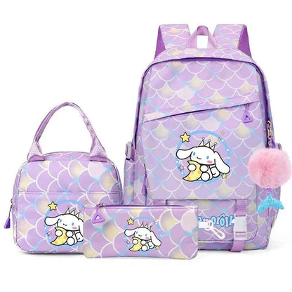 3PCS Cinnamoroll Fish Scale Backpack Set - Mermaid Pendant Lunch School Bag for Girls (17.7 in)