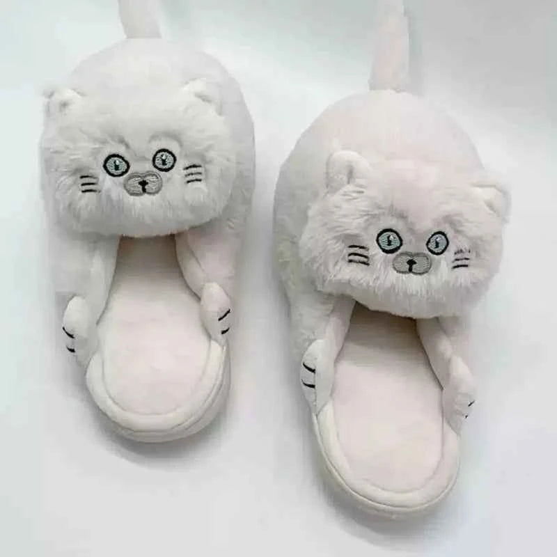 Cuddly Hug Cat Slippers Women Winter Home Fur Slides Kawaii Beige One size fits all