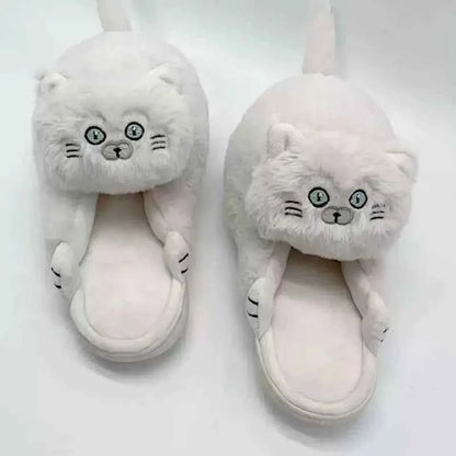 Cuddly Hug Cat Slippers Women Winter Home Fur Slides Kawaii Beige One size fits all