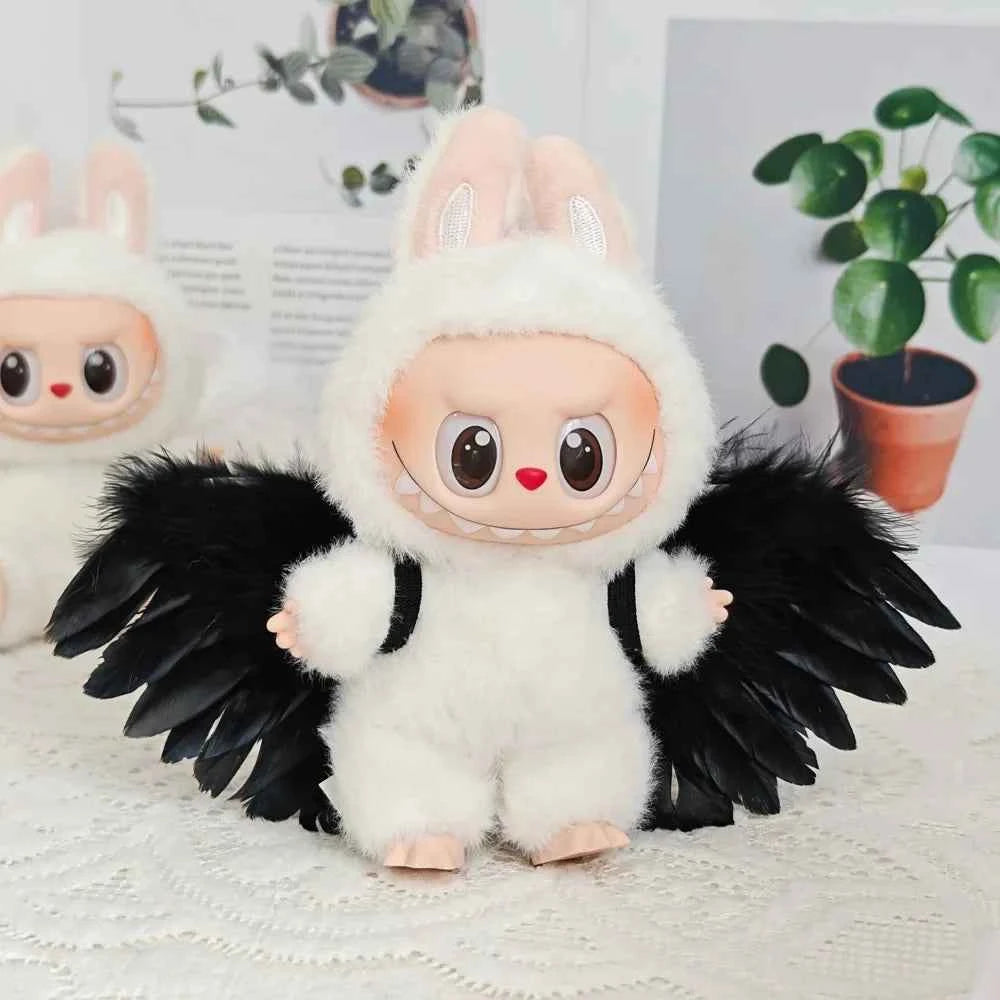 Black/White Angel Feather Wings Clothes for Labubu (6.7 in) - Doll Accessories Gift