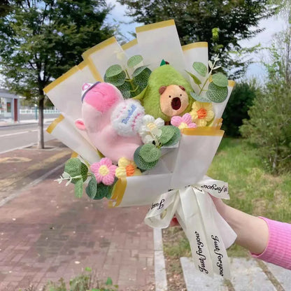 Kawaii Capybara Plush Bouquet (13.8 in) - Crochet Roses/Sunflowers Creative Gift