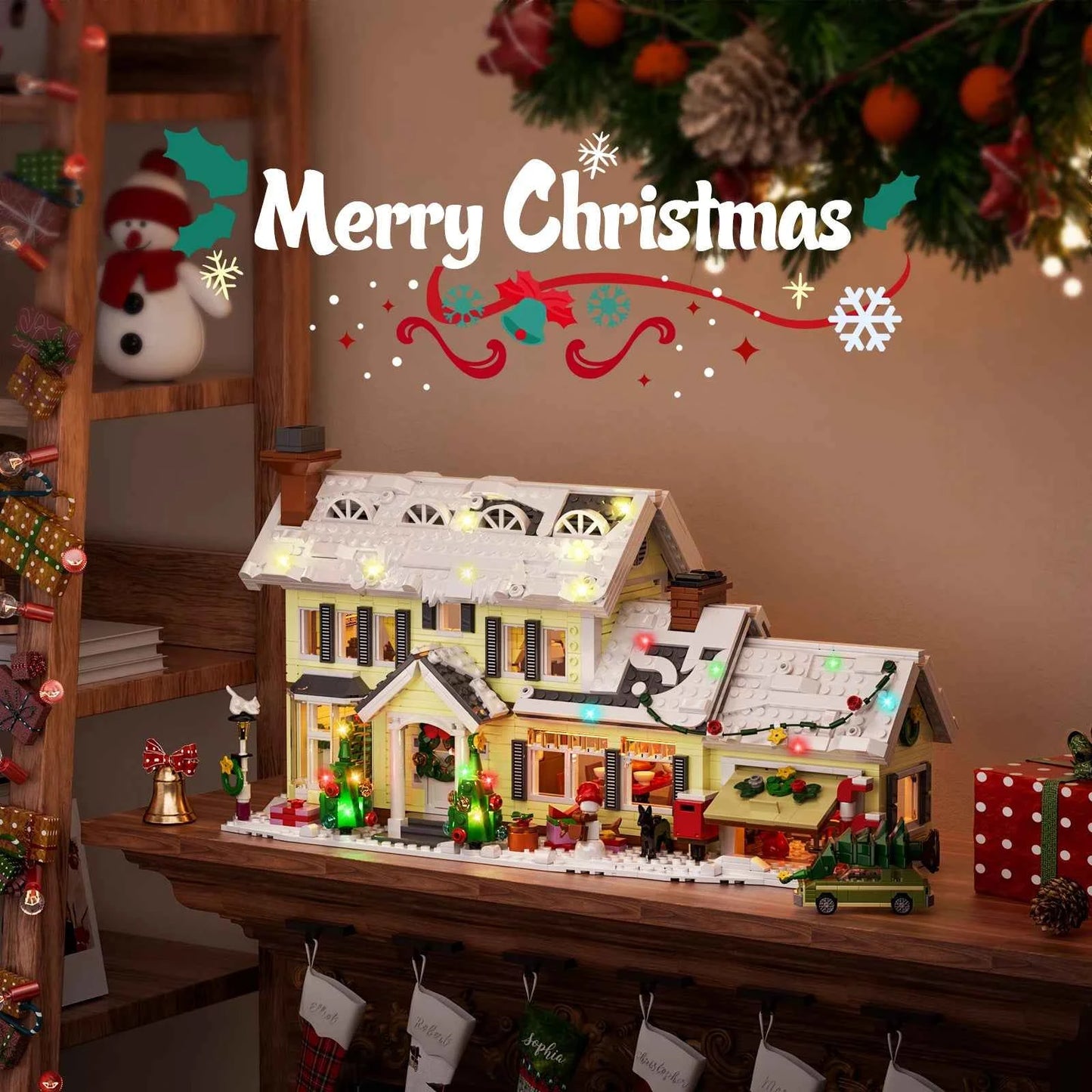 Christmas Holiday Snow Village House Building Set (1484 pcs) w/Clark's Car & Lights