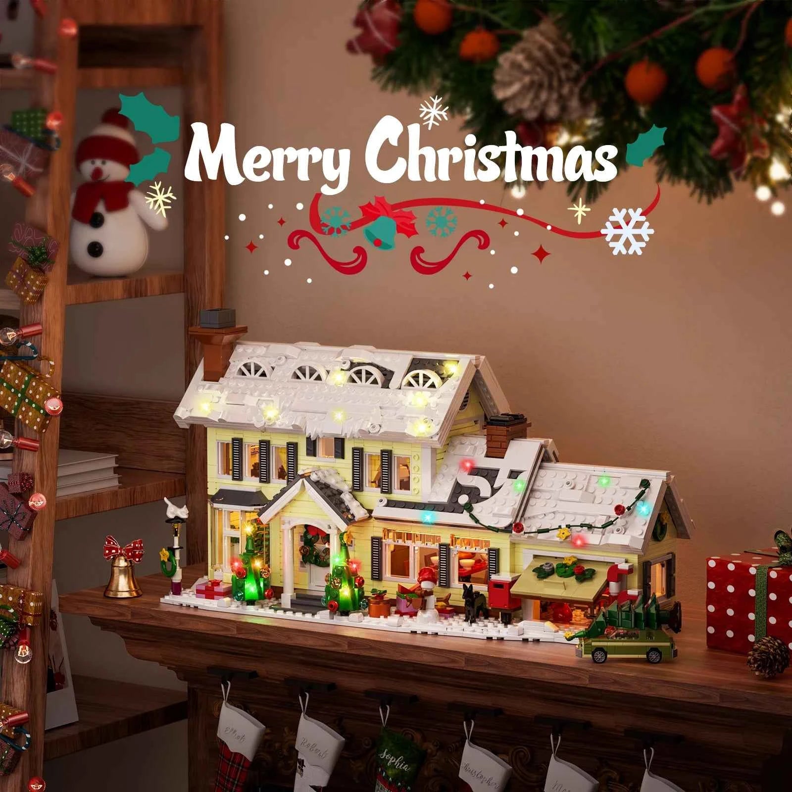 Christmas Holiday Snow Village House Building Set (1484 pcs) w/Clark's Car & Lights