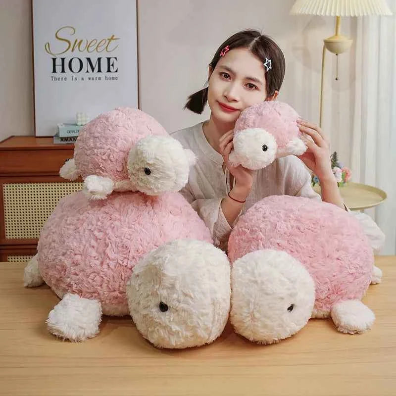 Kawaii Tortoise Plush Pillow – Soft Stuffed Sea Turtle Cushion in Green & Pink (25–60cm)