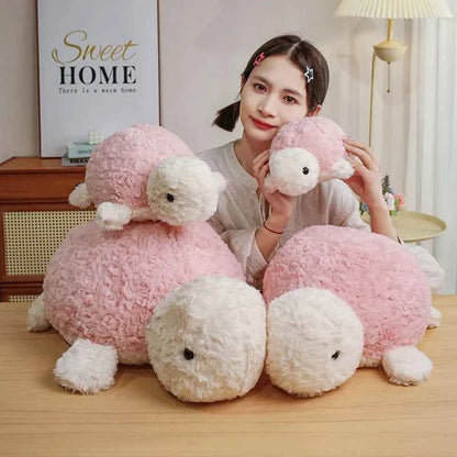 Kawaii Tortoise Plush Pillow – Soft Stuffed Sea Turtle Cushion in Green & Pink (25–60cm)