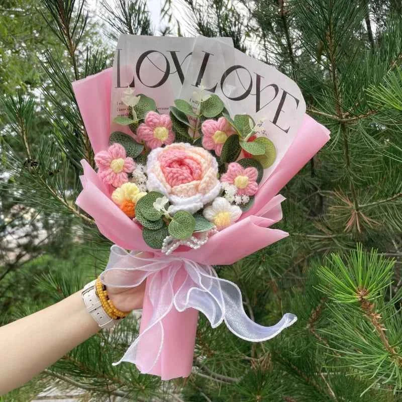 Finished Crochet Flower Bouquet (12.6-15.7 in) - Handmade Roses/Sunflowers/Carnations Gift