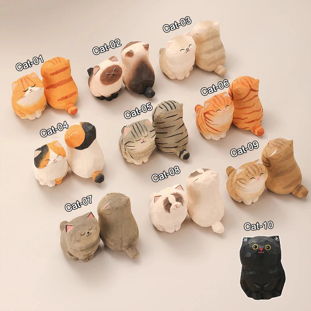 Handcrafted wood carving kitten statue Desk accessories Cat